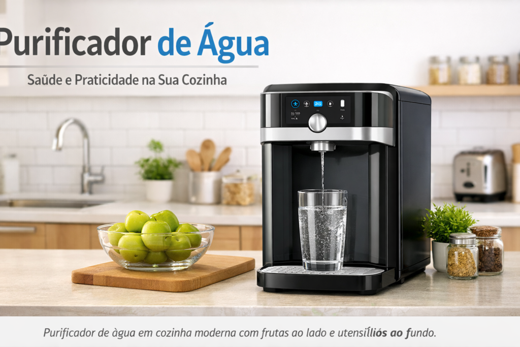 Melhor Purificador de água moderno em cozinha clara e sofisticada, com copo sendo preenchido e bancada organizada