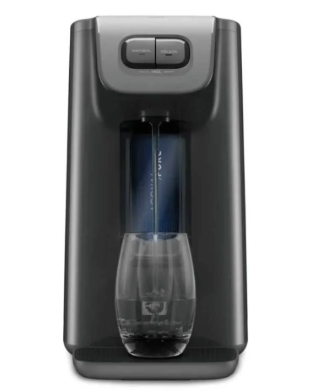 Melhor Purificador de água Electrolux cinza moderno com compressor, enchendo um copo de vidro com água cristalina em destaque.