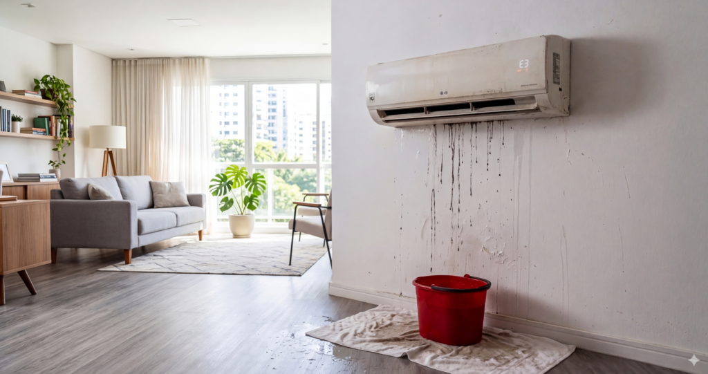 Ar-condicionado não gela, com defeito, água escorrendo pela parede