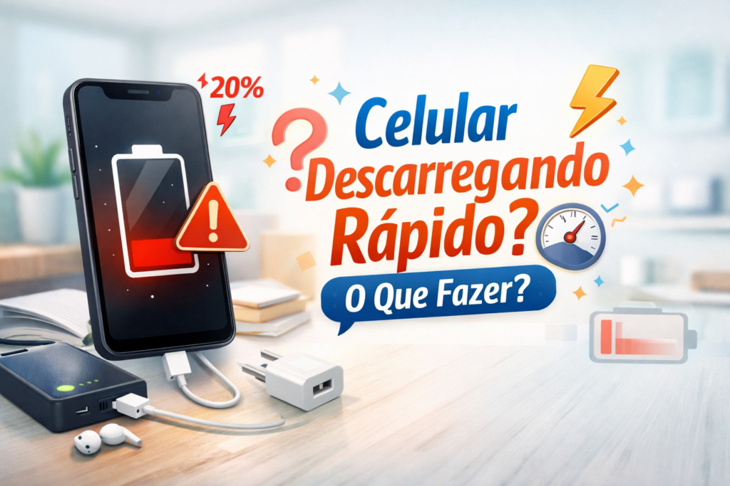 Celular com bateria fraca carregando em ambiente moderno mostrando problema de celular descarregando rápido
