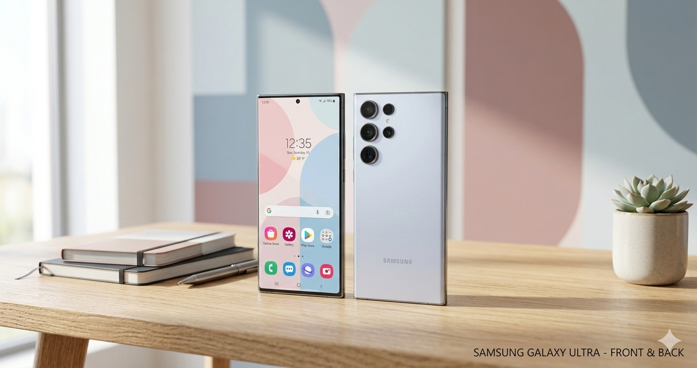 Celulares Samsung custo-benefício, mostrando a frente e o verso de um celular Samsung prateado sobre uma mesa de madeira clara. A tela exibe cores vibrantes e bordas finas, enquanto a traseira destaca o conjunto de câmeras premium