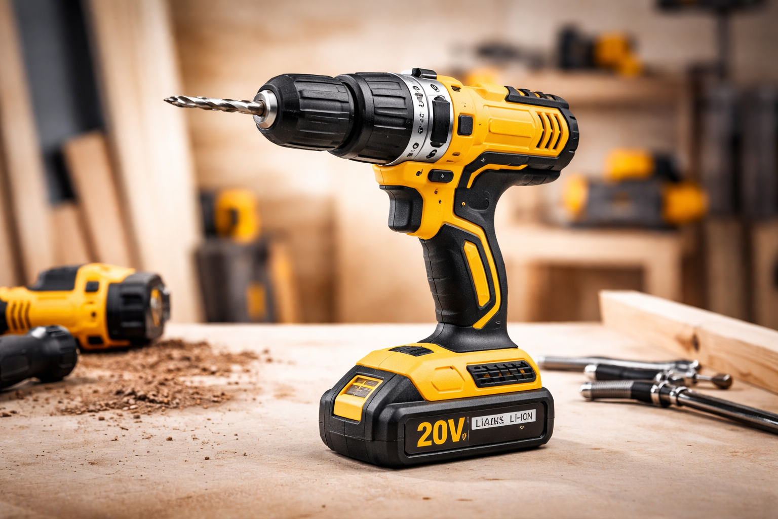 Visão geral de uma Furadeira e parafusadeira custo-benefício 2026 sobre uma bancada de madeira com acessórios