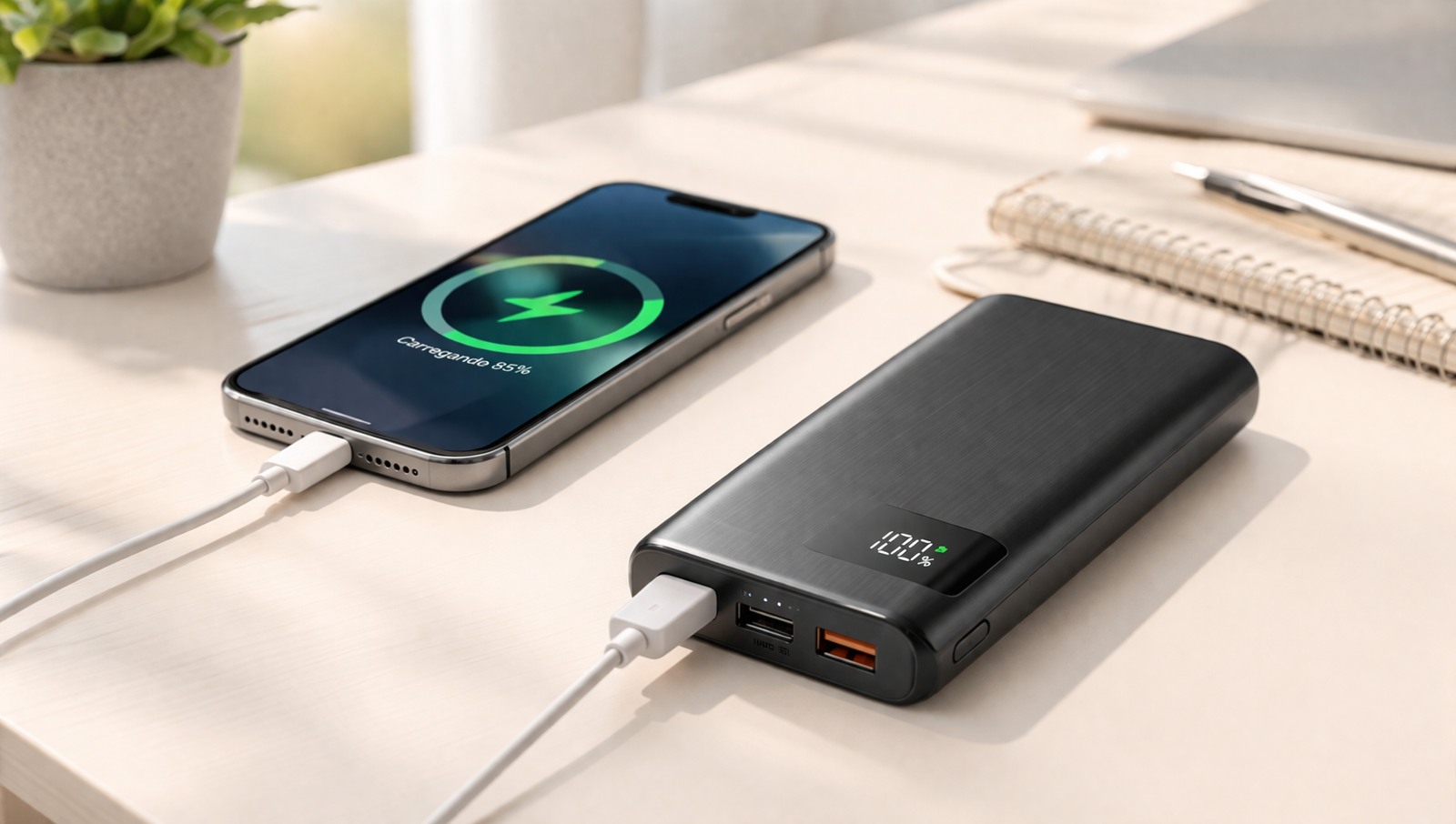 Melhor power bank custo-benefício 2026 carregando celular em mesa clara com design moderno