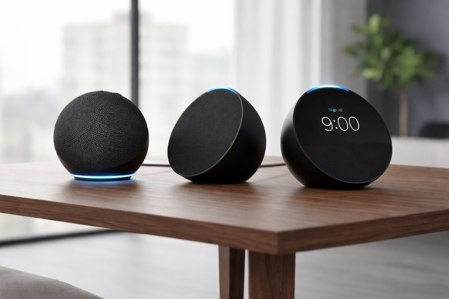 Echo Spot, Dot ou Pop lado a lado em mesa moderna comparando dispositivos Alexa em ambiente claro 2026