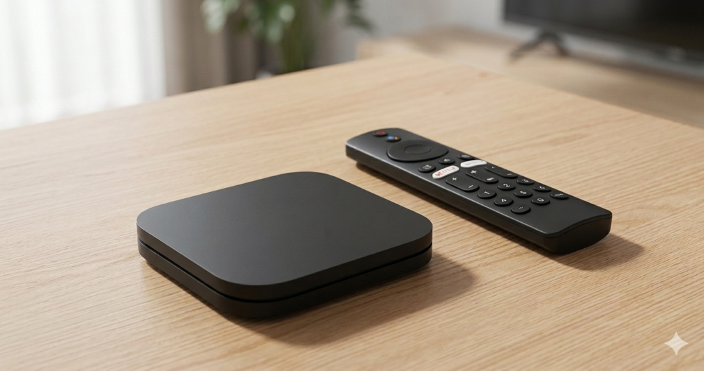 TV Box preta de design minimalista e controle remoto fino sobre uma mesa de madeira clara. Imagem limpa para ilustrar o melhor dispositivo de streaming para TV em ambiente residencial moderno.