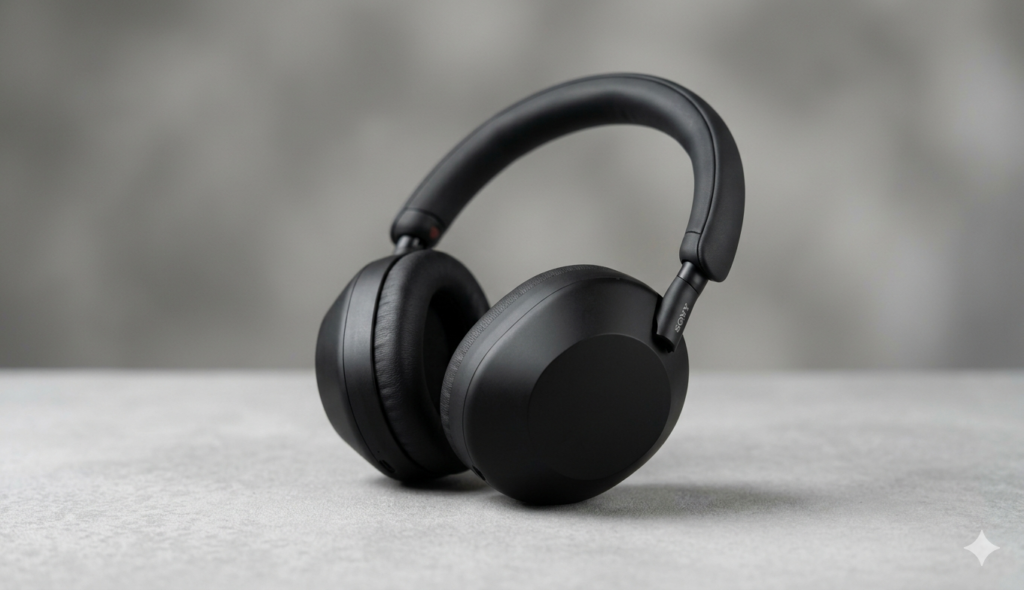 Close-up de um fone de ouvido headphone custo-beneficio preto com design moderno e acabamento premium, destacado sobre uma mesa de madeira clara em um ambiente de home office iluminado