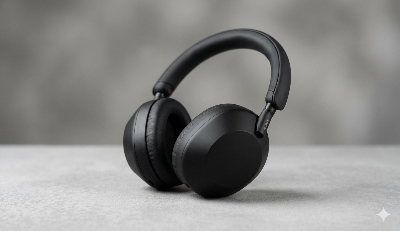 Close-up de um fone de ouvido headphone custo-beneficio preto com design moderno e acabamento premium, destacado sobre uma mesa de madeira clara em um ambiente de home office iluminado
