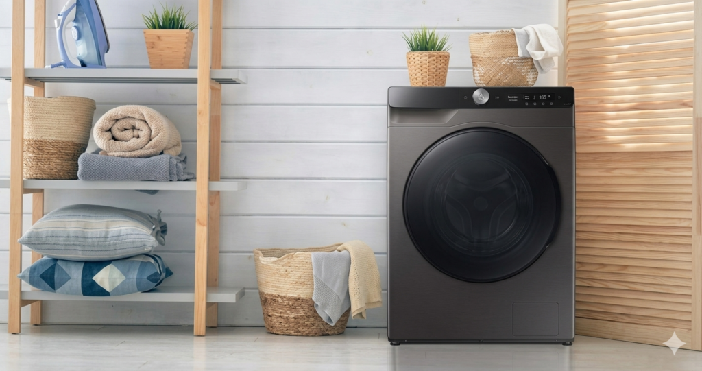 Uma lava e seca moderna de 13kg em tom grafite (inox) posicionada em uma lavanderia bem iluminada. Ao lado, prateleiras de madeira com toalhas dobradas e plantas decorativas, criando um ambiente organizado e tecnológico.