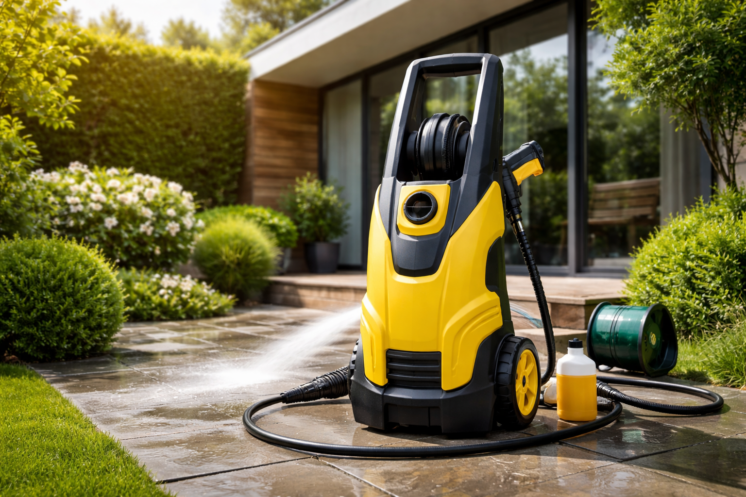 Lavadora de alta pressão 2026 sendo usada em jardim moderno para limpeza de área externa