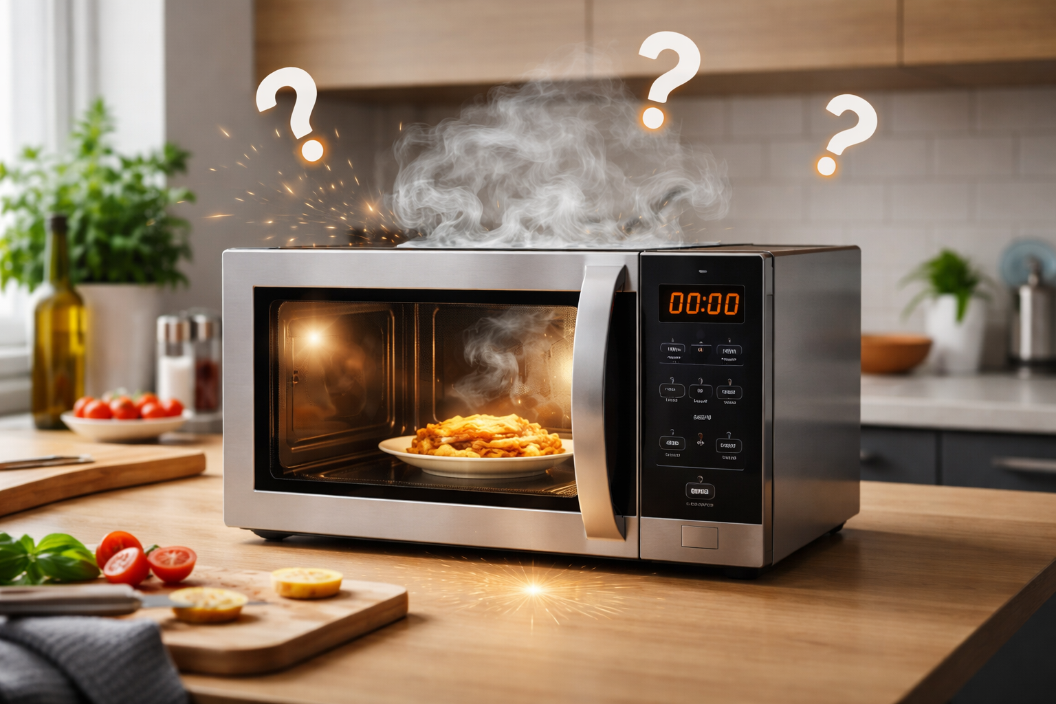Micro-ondas não esquenta, com defeito soltando fumaça em cozinha moderna indicando problema de aquecimento