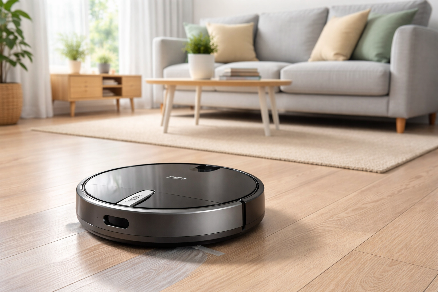 robô aspirador custo-benefício 2026 moderno limpando sala clara com piso de madeira em ambiente residencial