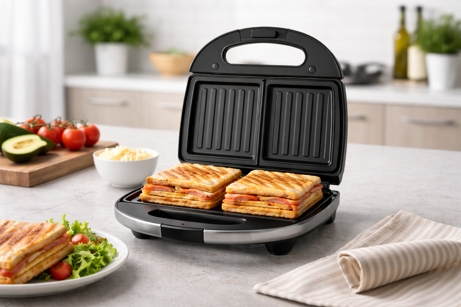 Sanduicheira custo-benefício elétrica aberta com sanduíches quentes em cozinha moderna clara destacando praticidade no preparo