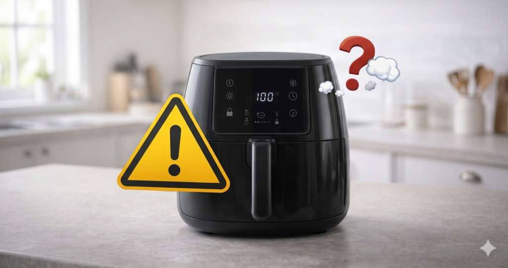 Se sua Air Fryer não liga, conheça esta digital preta com ícone de alerta amarelo e ponto de interrogação com fumaça, indicando defeito ou erro de funcionamento.