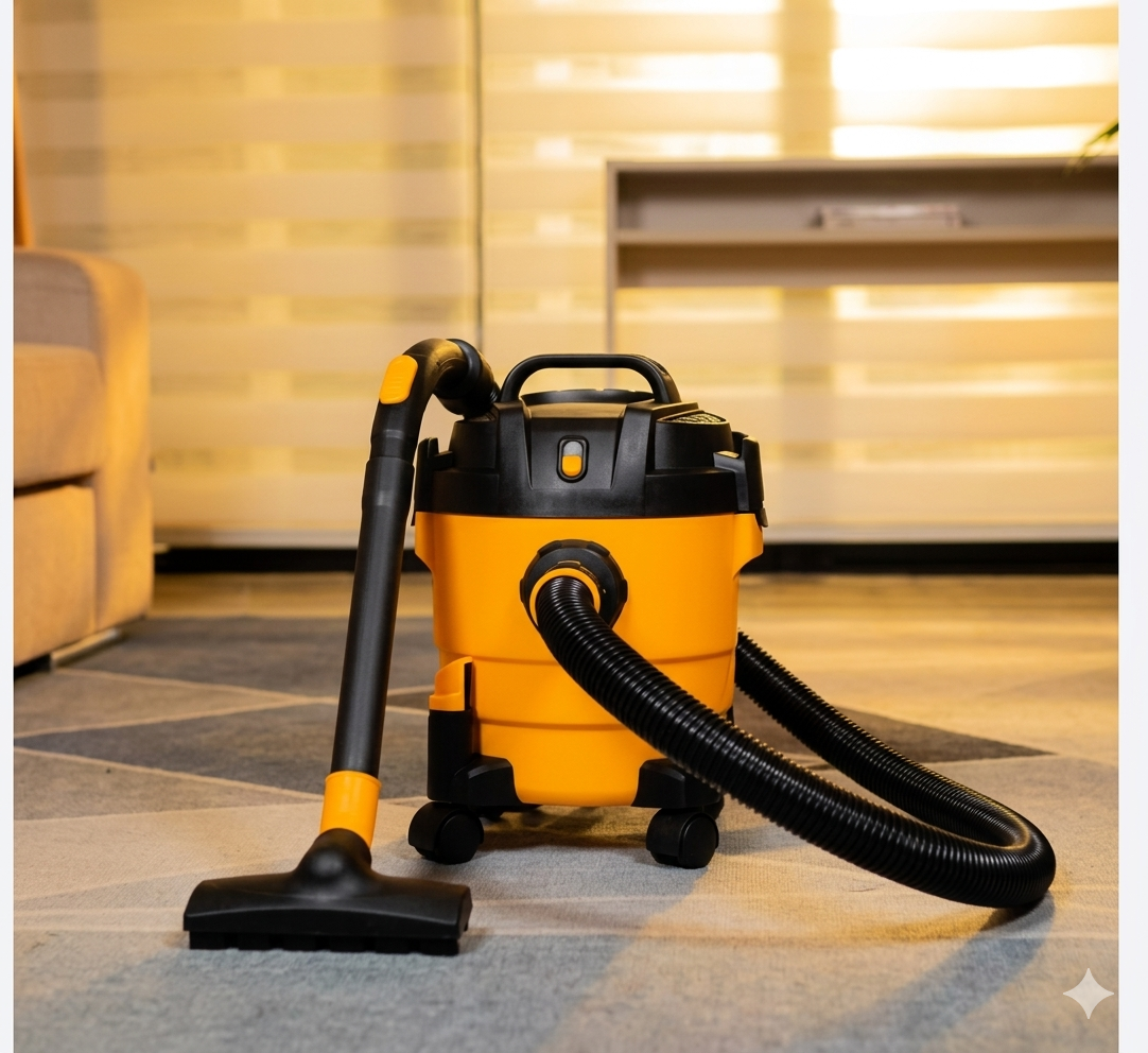 Aspirador de pó custo-benefício em 2026 robusto em amarelo e preto, posicionado em uma sala de estar moderna com iluminação suave ao fundo