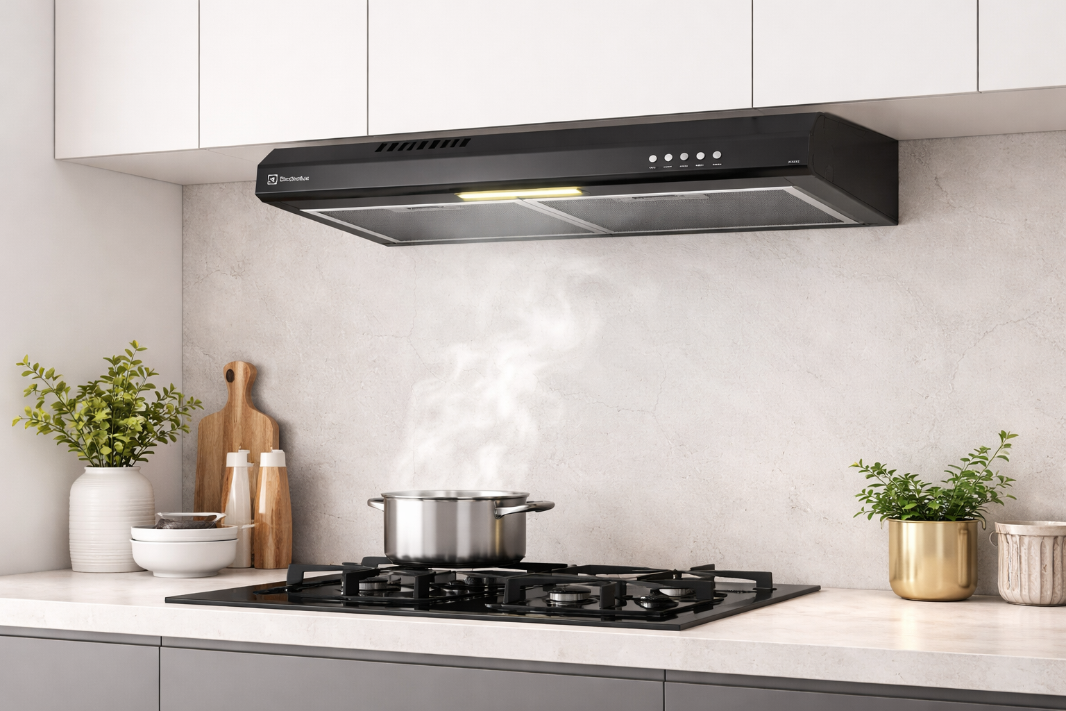 depurador de ar custo-benefício 2026 instalado em cozinha moderna acima do cooktop