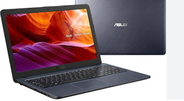 Notebook ASUS preto em dois ângulos: aberto mostrando a tela vibrante e fechado destacando a tampa com acabamento escovado. Exemplo de melhor notebook ASUS custo-benefício 2026 para trabalho e estudos