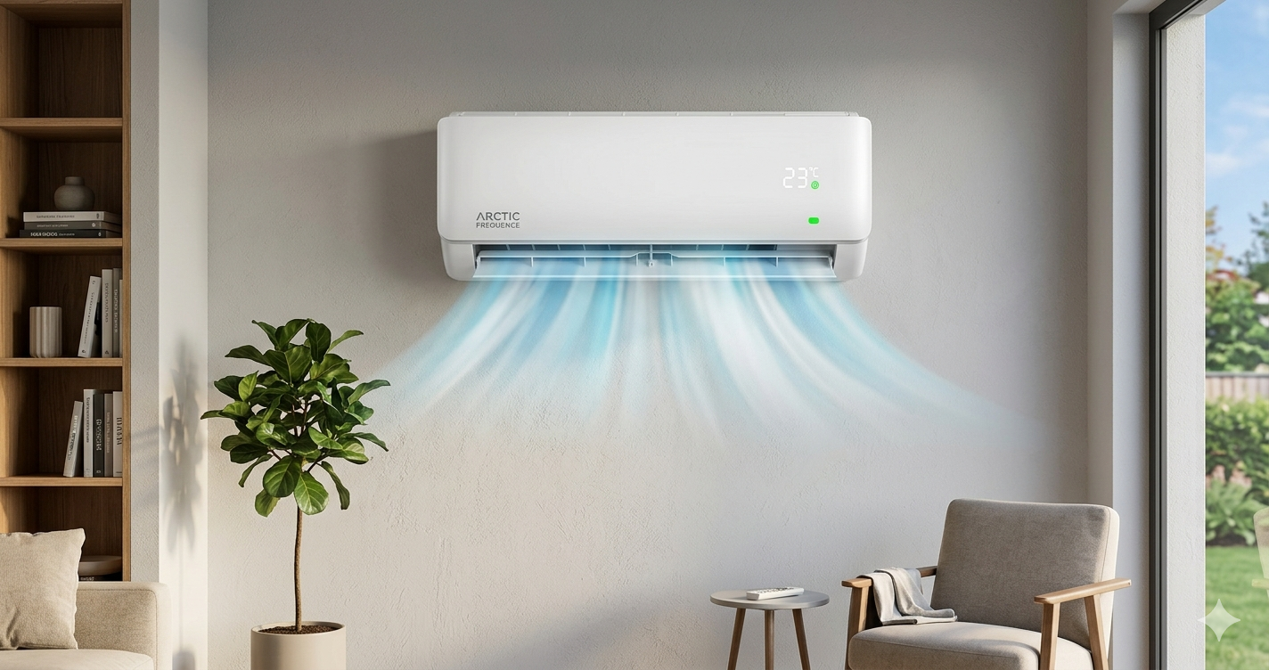 Ar condicionado custo-benefício split branco instalado em uma parede cinza, liberando fluxo de ar frio visível sobre uma sala de estar moderna e iluminada.