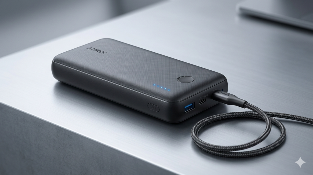 O melhor power bank custo-benefício 2026 da Anker, modelo PowerCore Select 20000, carregando via cabo USB em superfície moderna cinza.