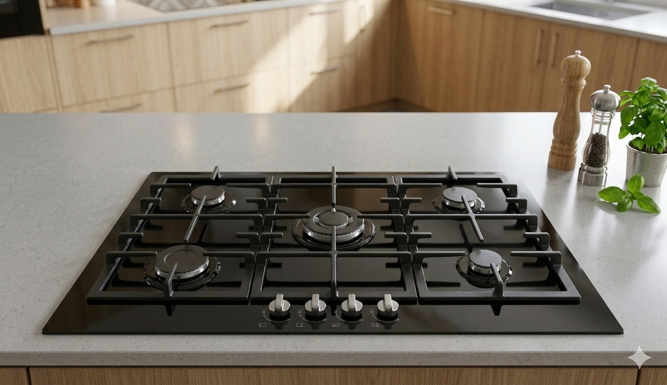Vista superior de um cooktop a gás de 5 bocas com mesa de vidro temperado preto e trempes de ferro fundido, instalado em uma bancada cinza de granito em uma cozinha moderna.