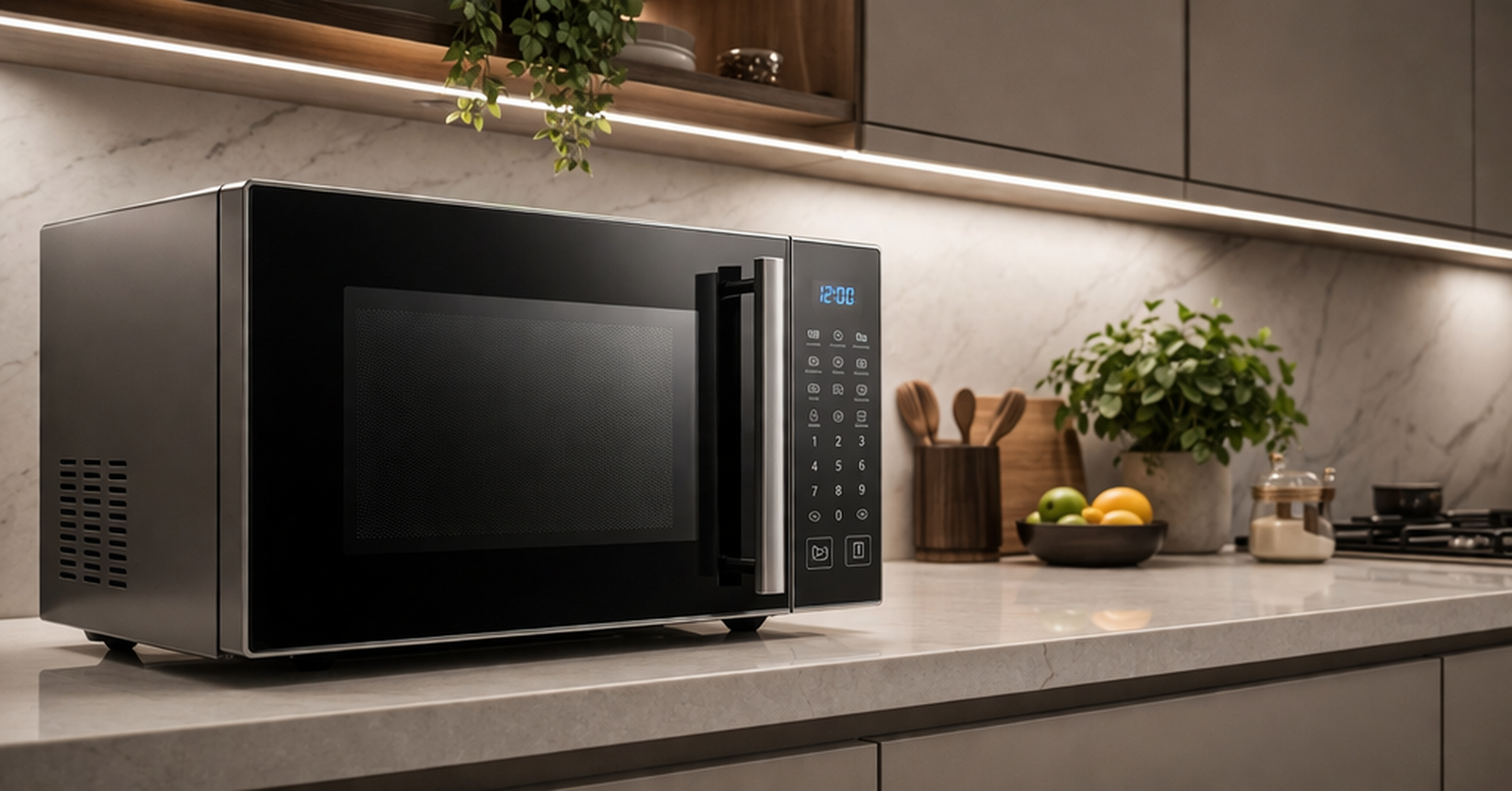 micro-ondas moderno em cozinha moderna clara com design clean e eletrodomésticos embutidos