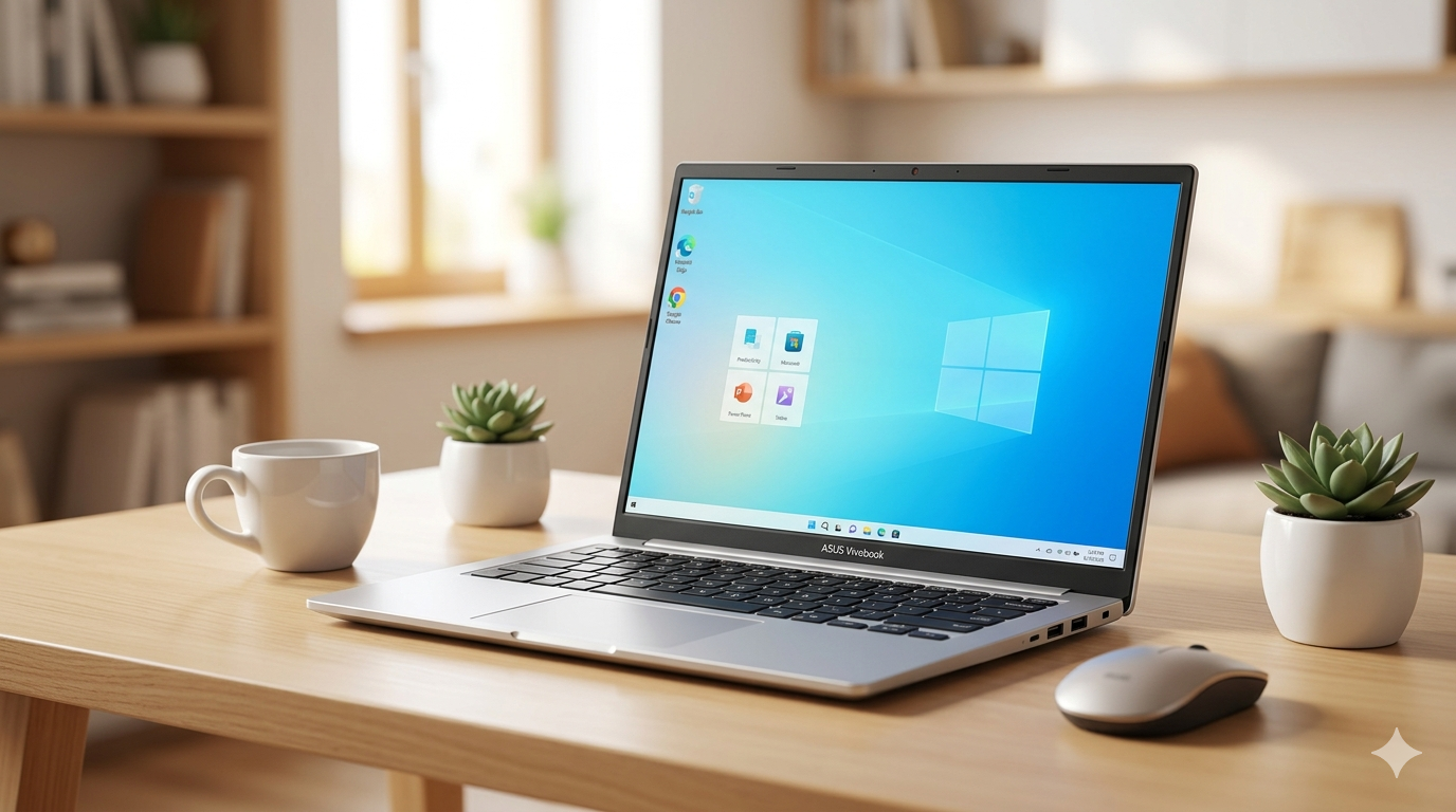 Notebook ASUS Vivobook prata aberto sobre uma mesa de madeira clara em um home office moderno e iluminado. Imagem destacada para o post sobre o melhor notebook ASUS custo-benefício 2026