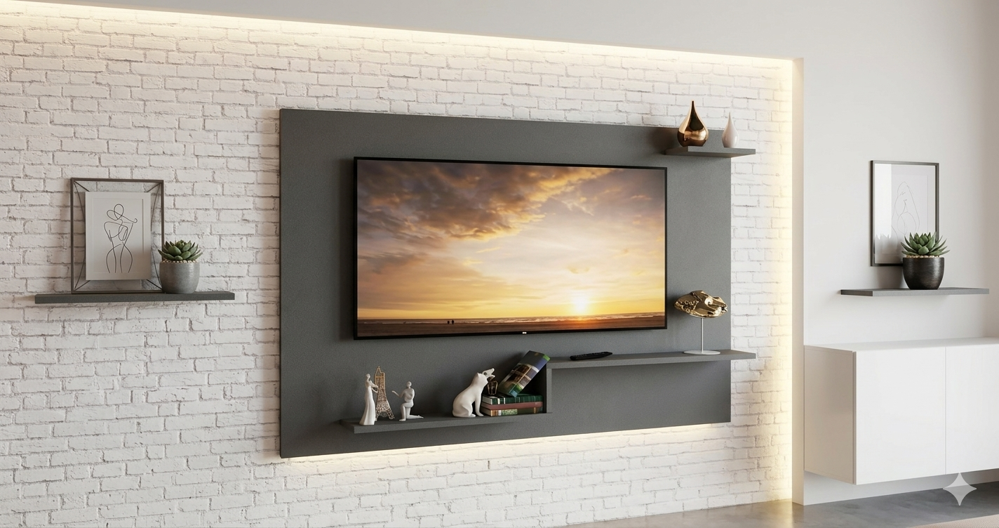 Melhor TV 43 polegadas custo-benefício em 2026 com imagem de pôr do sol, instalada em um painel de madeira preto minimalista sobre uma parede de tijolos brancos. Inclui ícones discretos de alerta e dúvida para guia de compra