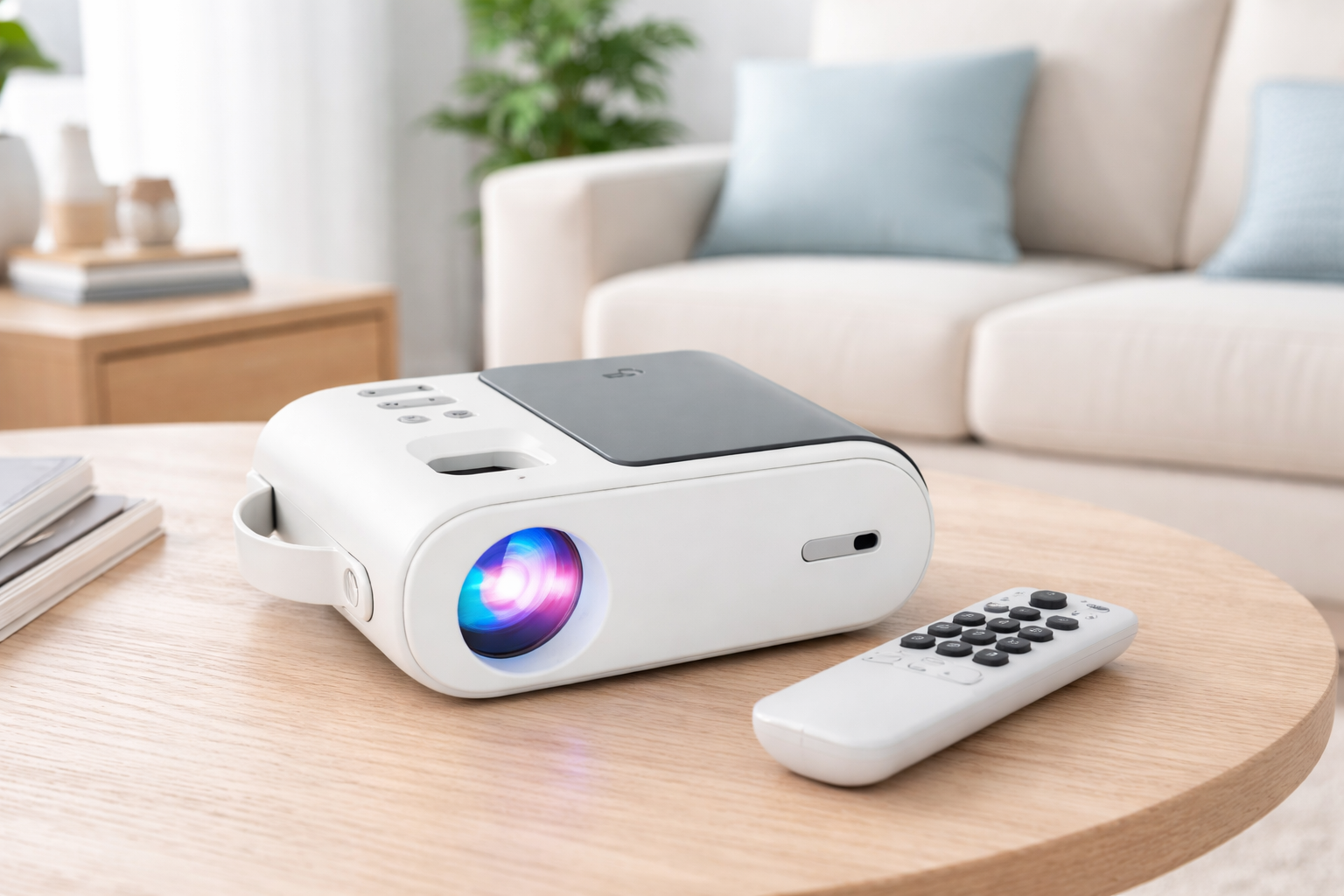 mini projetor custo-benefício 2026 em ambiente moderno e claro com design portátil