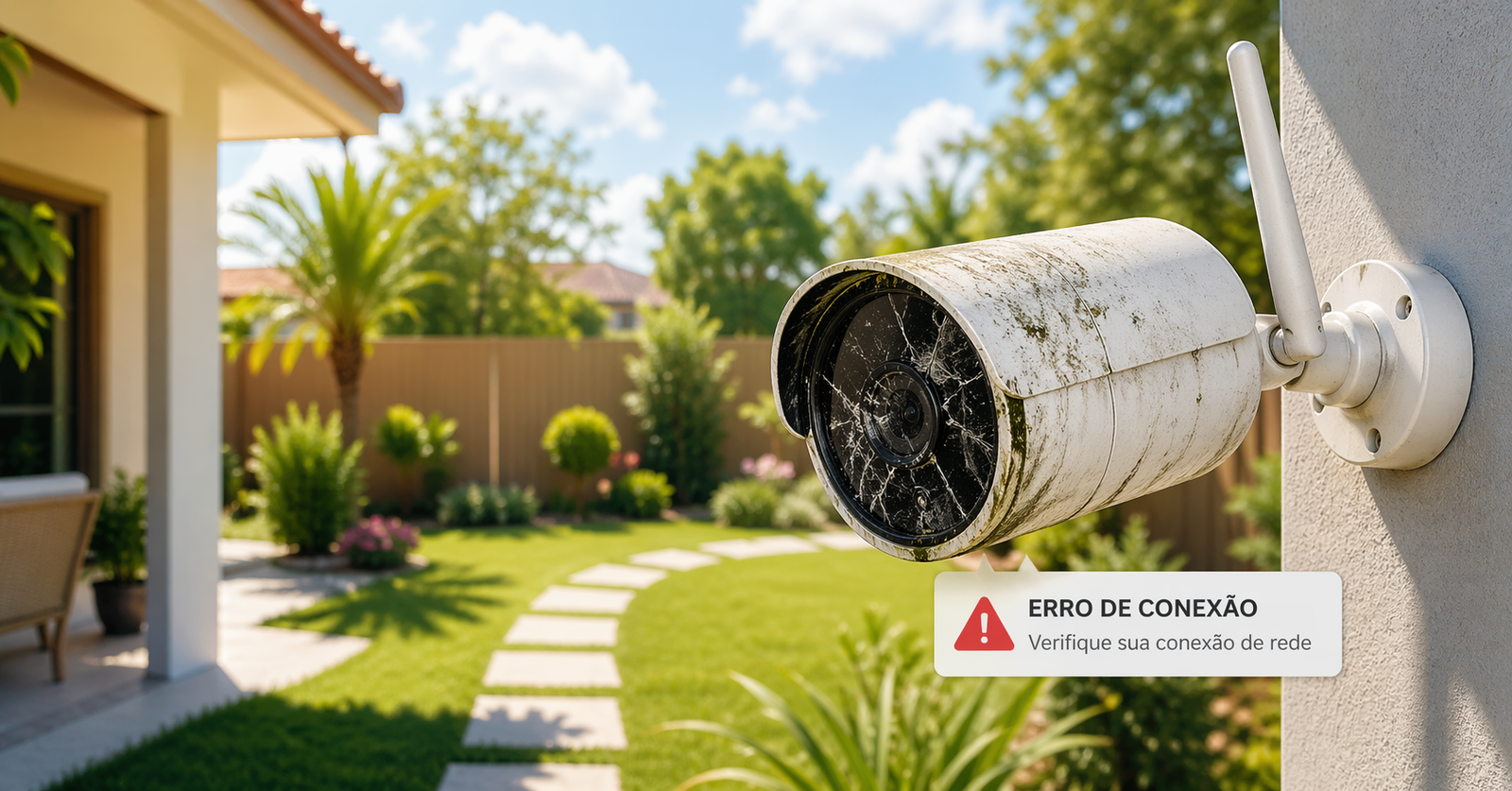 câmera de segurança não conecta no wi-fi instalada em jardim com erro de conexão exibido