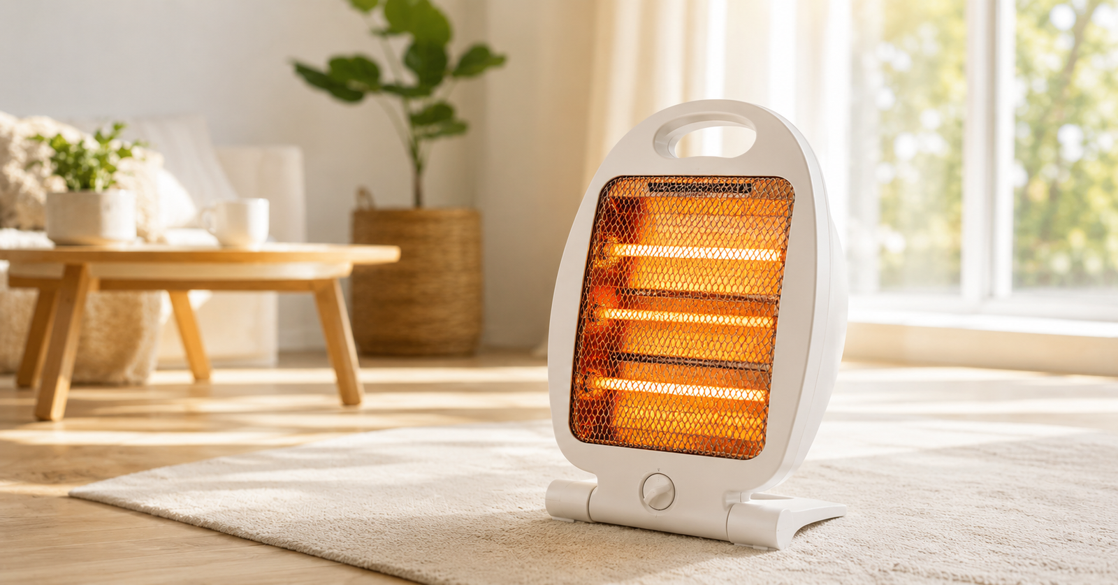 Imagem de aquecedor portátil moderno em ambiente claro com luz natural, representando um aquecedor custo-benefício 2026 ideal para quartos e salas no inverno.