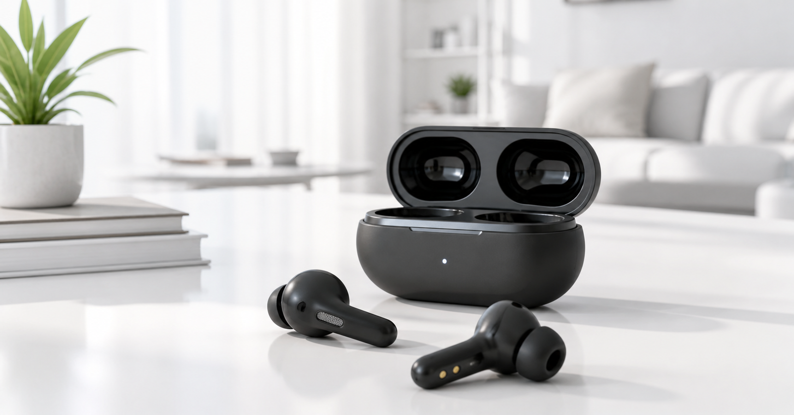 fone bluetooth custo benefício 2026 em ambiente moderno e claro com estojo de carregamento